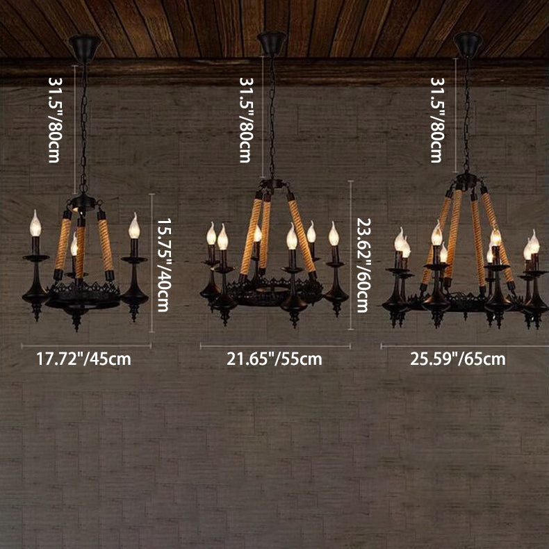 Traditioneller Vintage-Kandelaber aus Eisen, Hanfseil, 3/6/8 Lichter, Kronleuchter für Wohnzimmer 