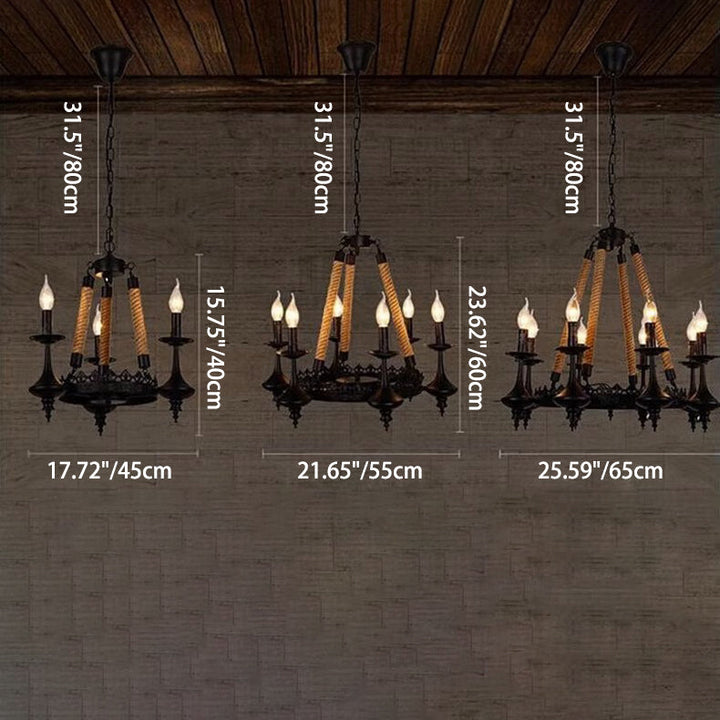 Chandelier Traditionnel Vintage Rond en Fer avec Corde de Chanvre 3/6/8 Lumières pour Salon 