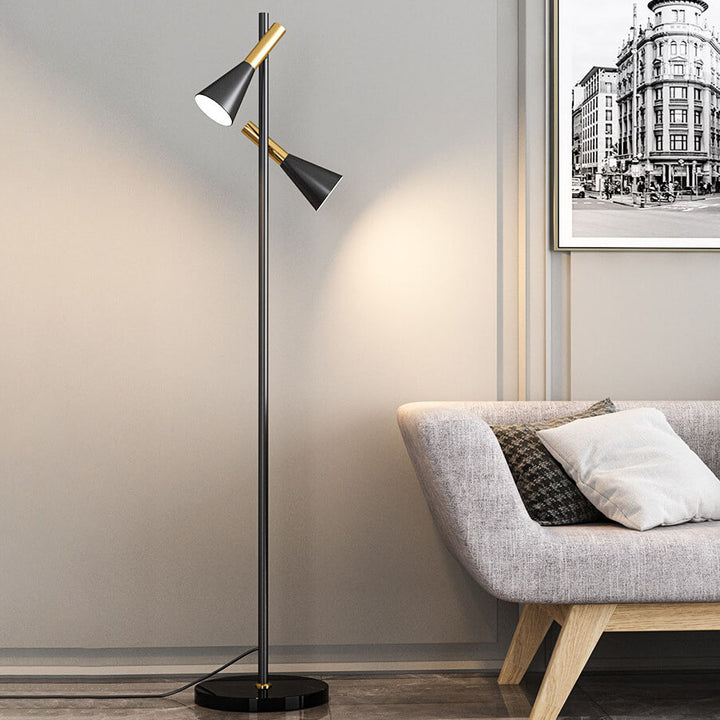 Moderne minimalistische Stehlampe aus Marmor und Eisen mit drehbarem hornförmigem 2-flammigem Schirm für Wohnzimmer & Schlafzimmer 