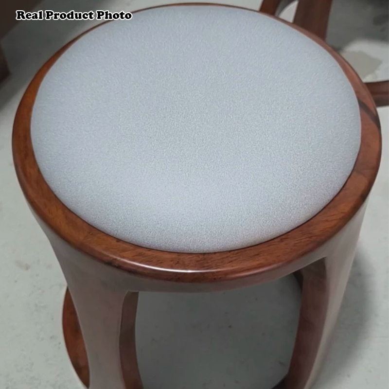 Taburete bajo redondo de madera de caucho, tela sintética de estilo chino tradicional y polipiel napa para salón y dormitorio 