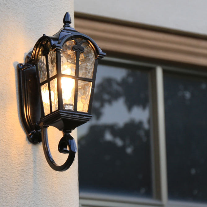 Cilindro de vidrio de aluminio impermeable tradicional europeo con ondas para lámpara de pared de 1 luz para patio exterior 