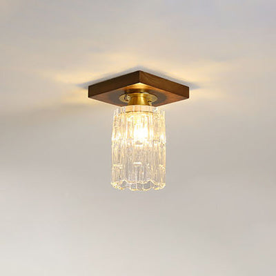 Modern Transitional Glass Cup Shape Solid Wood 1-Light Semi-Flush Mount Ceiling Light For Living Room