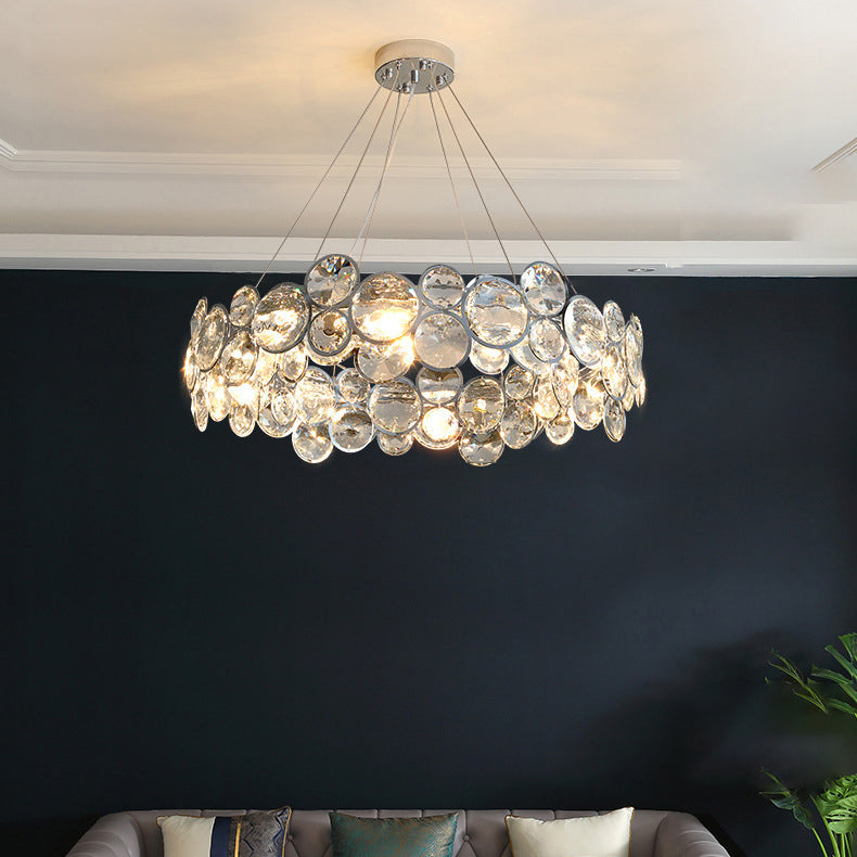 Lustre moderne de luxe à disques en cristal à niveaux, abat-jour rond en acier inoxydable, 8/12 lumières pour salon 