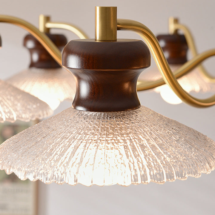 Lustres ronds en laiton vintage traditionnel, fer, bois de frêne, verre, à 3/6/8 lumières pour salle à manger 
