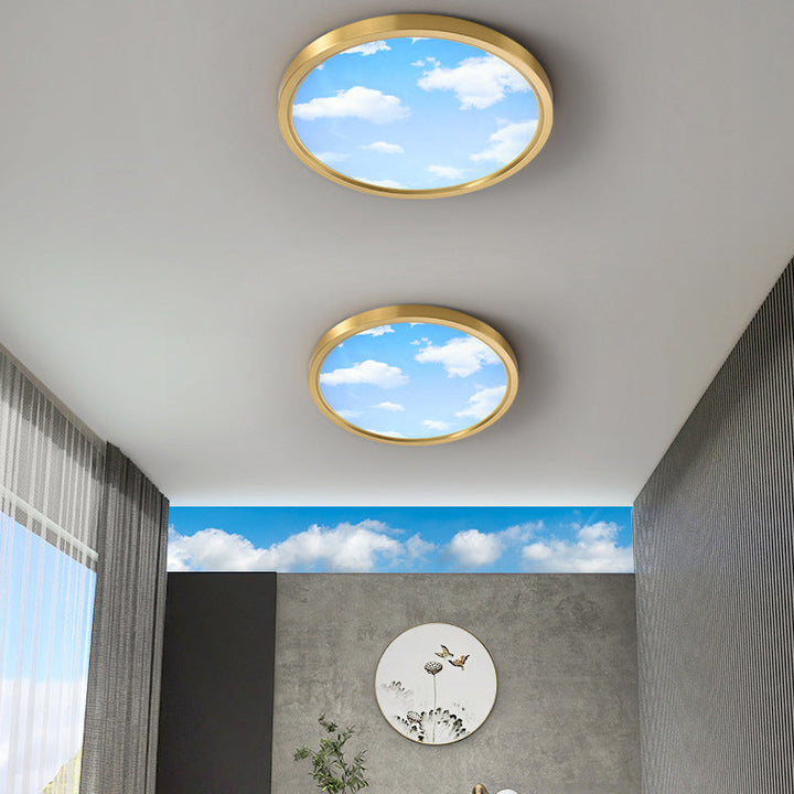 Moderne Einfachheit Vollkupfer Blauer Himmel Wolken Design Runder Acrylschirm LED Deckenleuchte für Wohnzimmer 