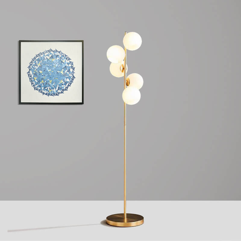 Modern Minimalist Glass Round Ball Gold Long Pole 5-Light Standing Floor Lamp for Living Room