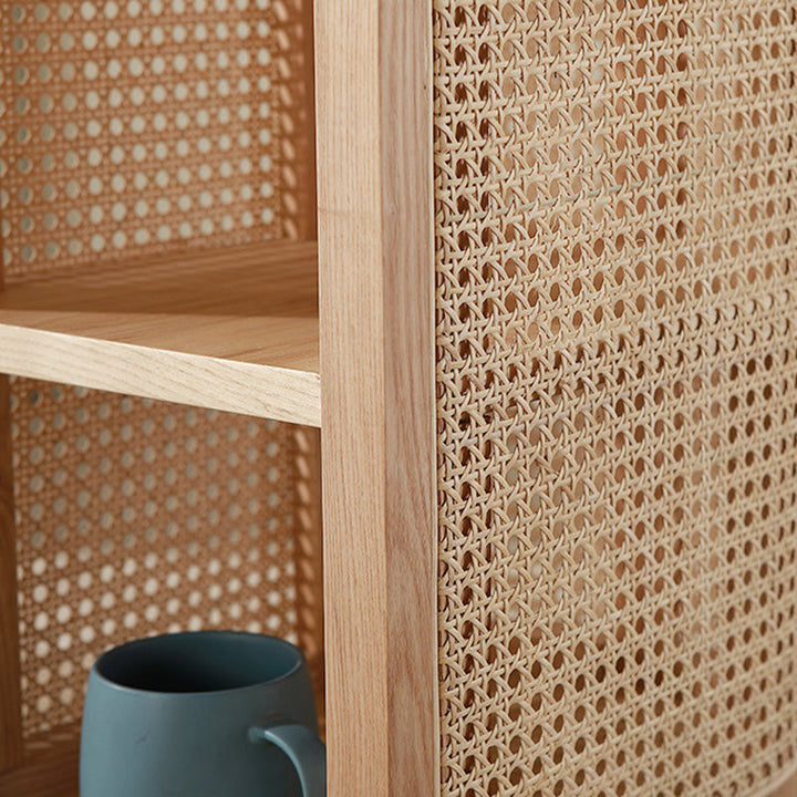 Traditioneller japanischer halbrunder Nachttisch aus Massivholz und Sperrholz mit Rattanweberei, 3-stufig, für das Schlafzimmer 
