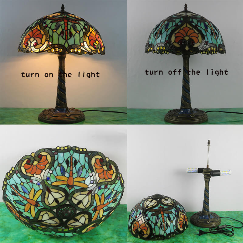 Traditional Tiffany Flower Decor Stained Glass Dome 2-Light Table Lamp For Bedroom