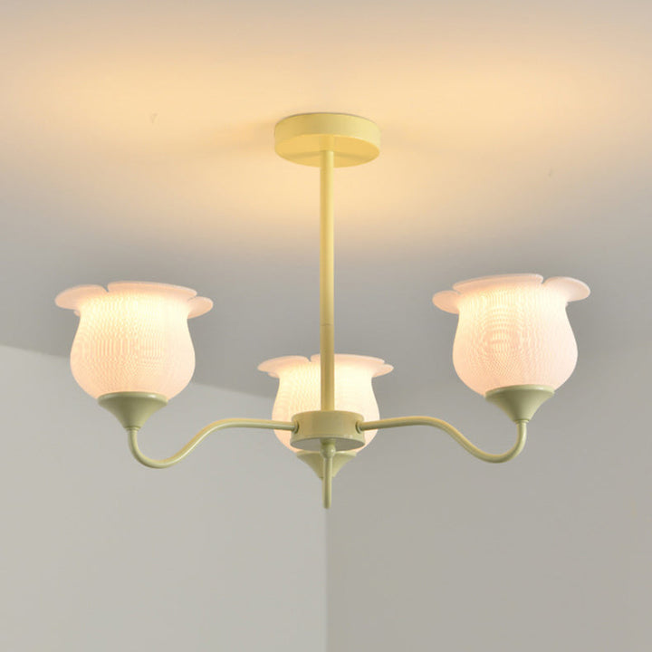 Moderner Art-Deco-Kronleuchter mit Eisenrahmen und PLA-Glocken-Orchideen-Blumenschirm, 3/5/6 Lichter, für Wohnzimmer 
