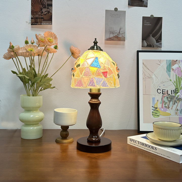 Lámpara de Mesa de 1 Luz con Caparazón de Lozange de Hemisferoide de Vidrio de Madera Vintage Tradicional para Mesita de Noche 