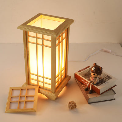 Traditional Japanese Wood Acrylic Pillar Rectangular 1/2/3 Light Standing Floor Lamp For Bedroom