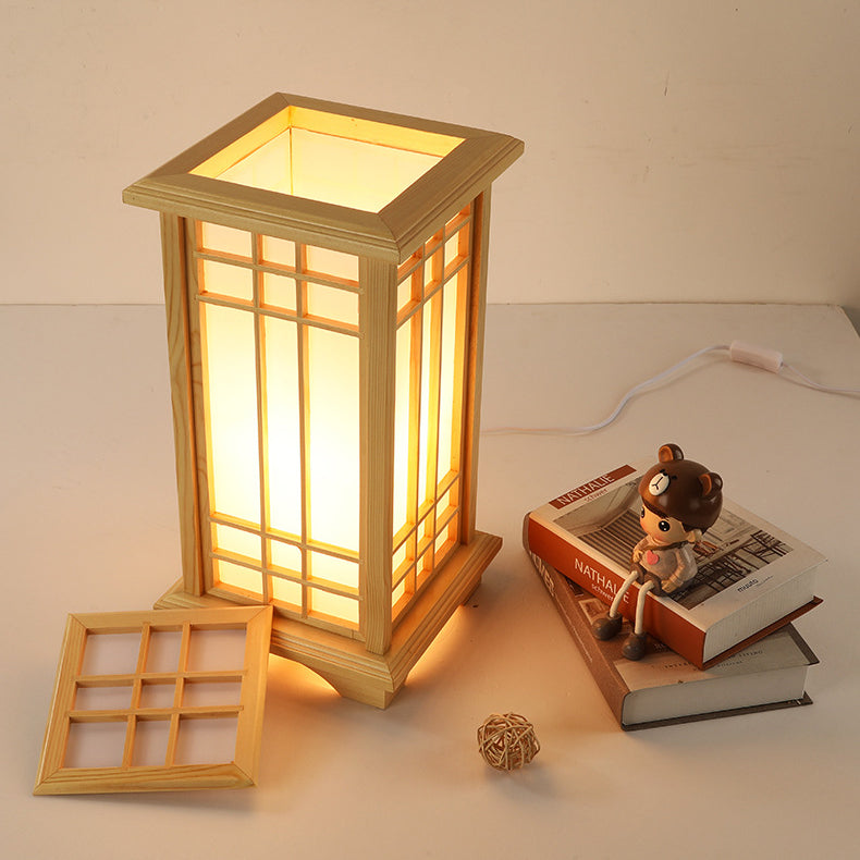 Traditional Japanese Wood Acrylic Pillar Rectangular 1/2/3 Light Standing Floor Lamp For Bedroom