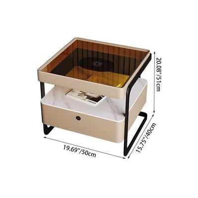 Table de nuit moderne minimaliste rectangulaire en verre renforcé avec dalle de roche et fer, 1 tiroir pour chambre à coucher 