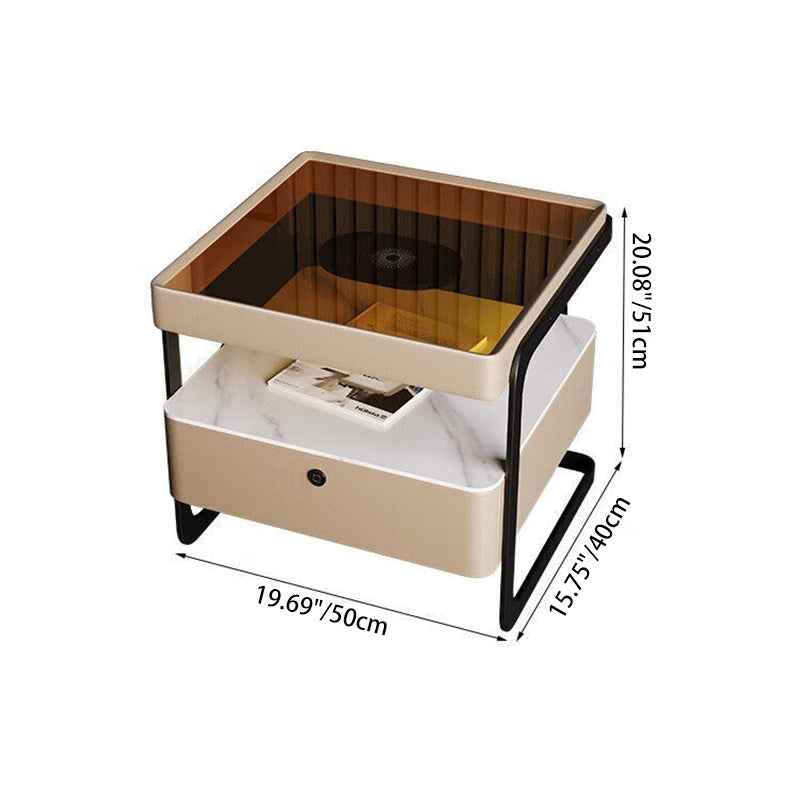 Table de nuit moderne minimaliste rectangulaire en verre renforcé avec dalle de roche et fer, 1 tiroir pour chambre à coucher 