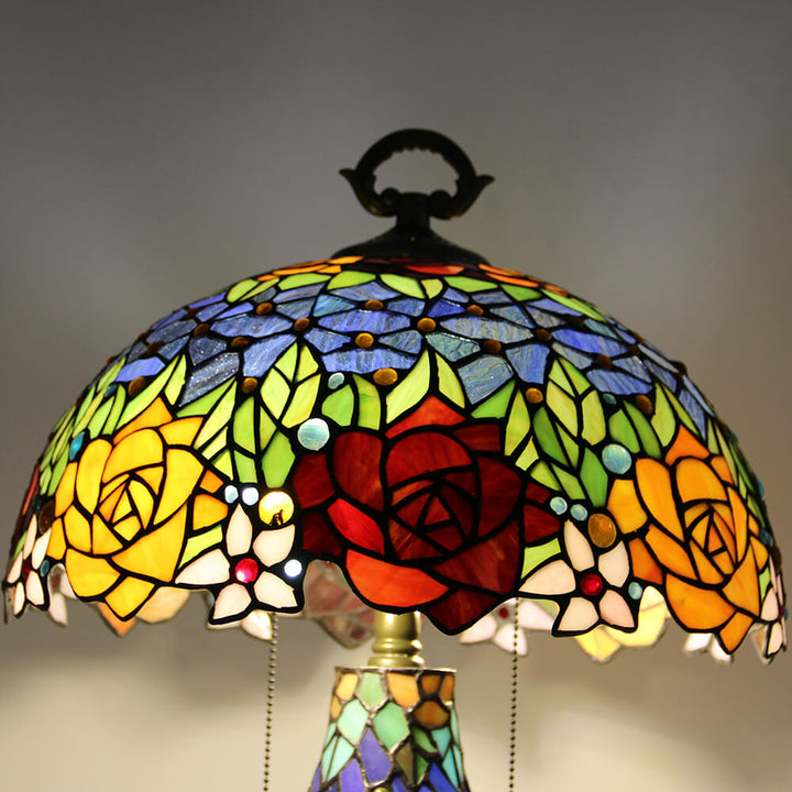 Tiffany Vintage Rosenblume Dekor Buntglas Kuppel 2-Licht Tischlampe 