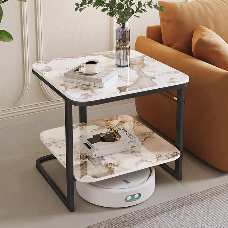 Modern Minimalist Square Sintered Stone Carbon Steel Side Table 2-Tier For Living Room