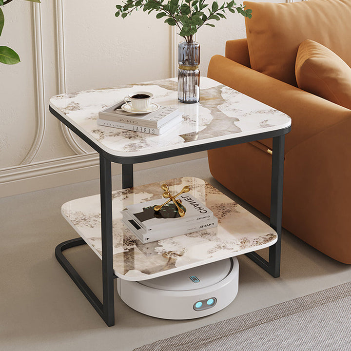 Modern Minimalist Square Sintered Stone Carbon Steel Side Table 2-Tier For Living Room