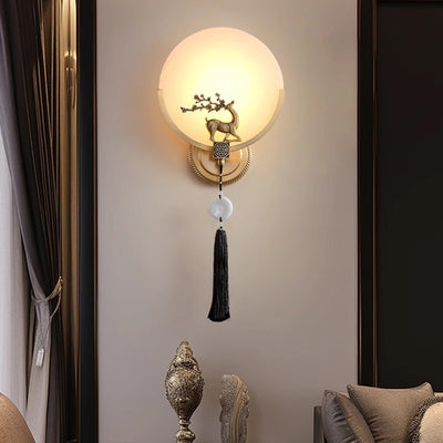 مصباح حائط LED نحاسي رخامي مستدير على الطراز الصيني التقليدي لغرفة المعيشة 