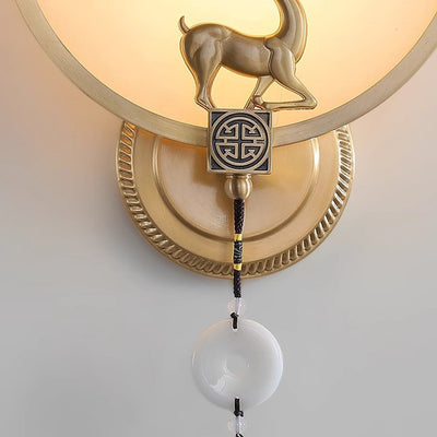 مصباح حائط LED نحاسي رخامي مستدير على الطراز الصيني التقليدي لغرفة المعيشة 