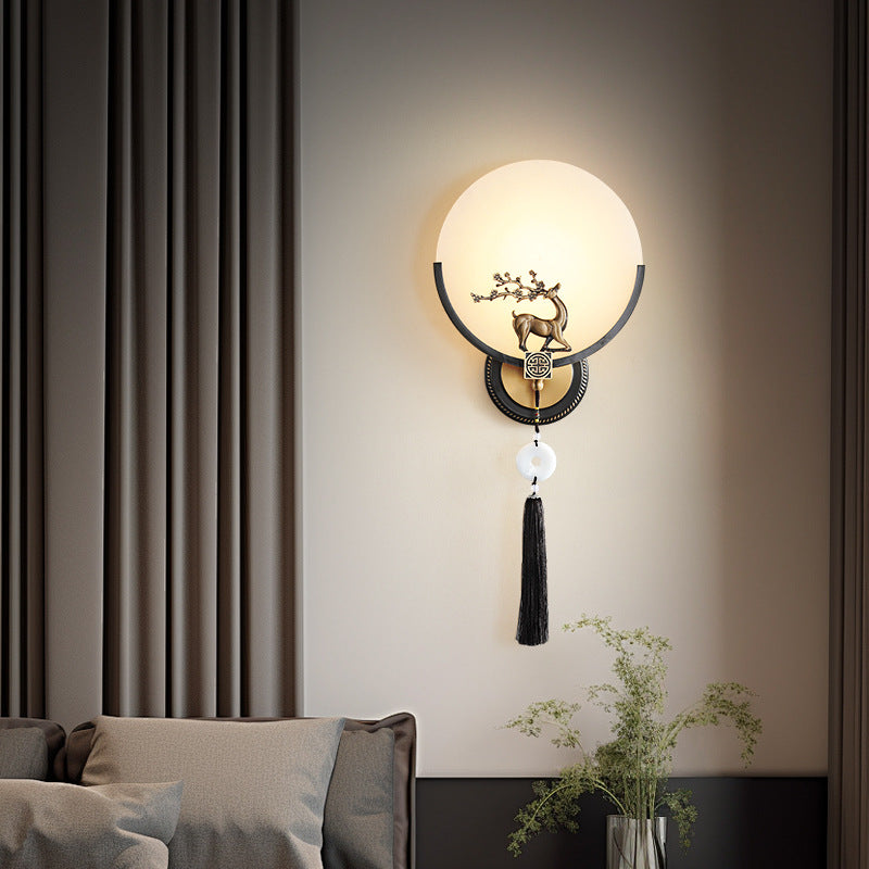 مصباح حائط LED نحاسي رخامي مستدير على الطراز الصيني التقليدي لغرفة المعيشة 