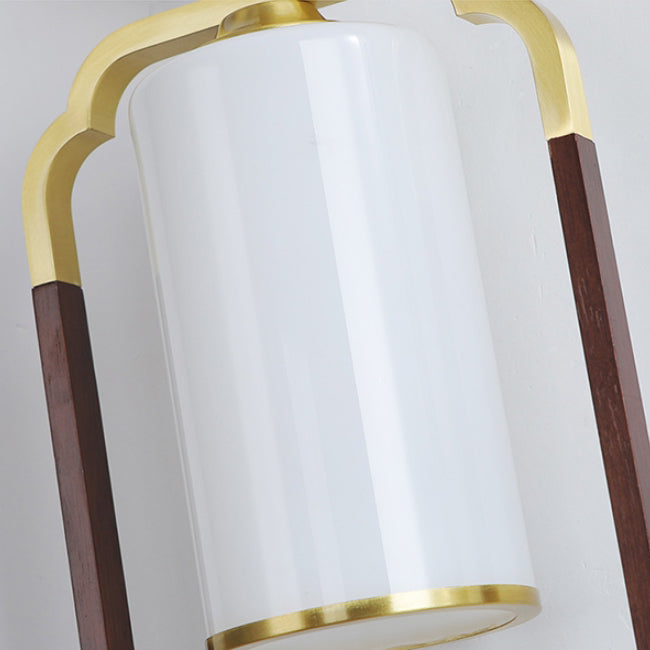 Traditional Chinese Polygonal Copper Frame Cylindrical Glass Lampshade Walnut 1 - Light Wall Sconce Lamp For Living Room