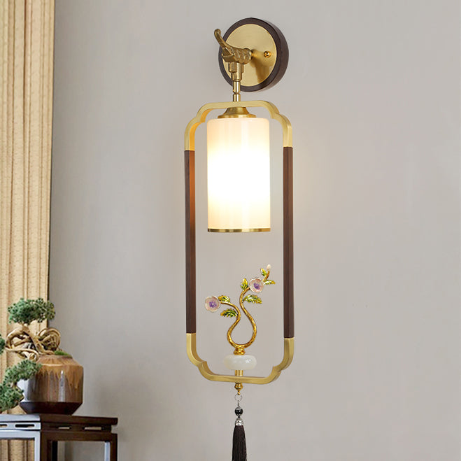 Traditional Chinese Polygonal Copper Frame Cylindrical Glass Lampshade Walnut 1 - Light Wall Sconce Lamp For Living Room