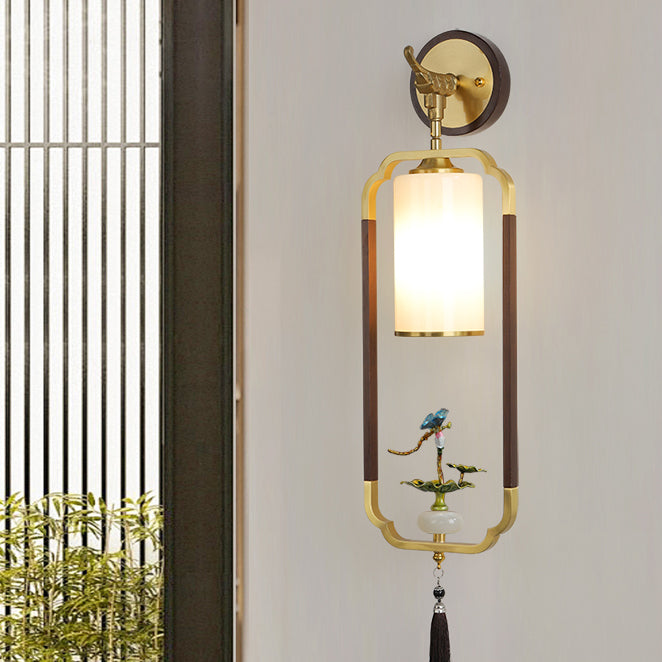 Traditional Chinese Polygonal Copper Frame Cylindrical Glass Lampshade Walnut 1 - Light Wall Sconce Lamp For Living Room