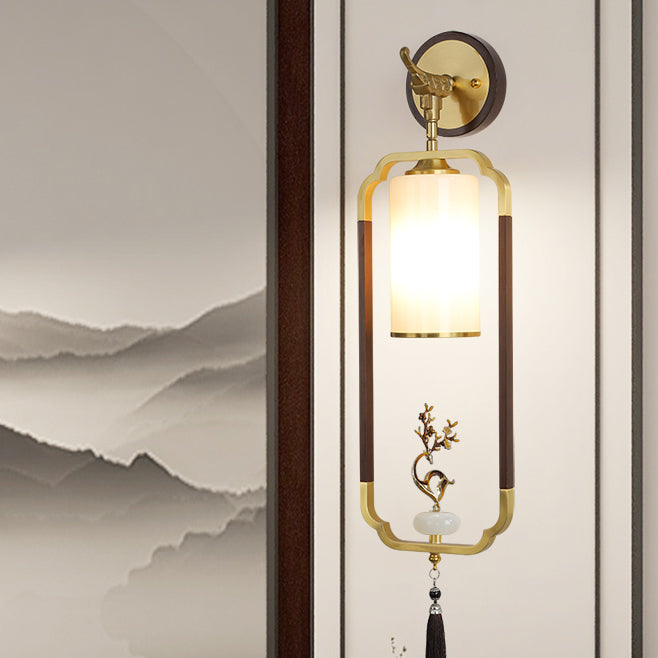 Traditional Chinese Polygonal Copper Frame Cylindrical Glass Lampshade Walnut 1 - Light Wall Sconce Lamp For Living Room