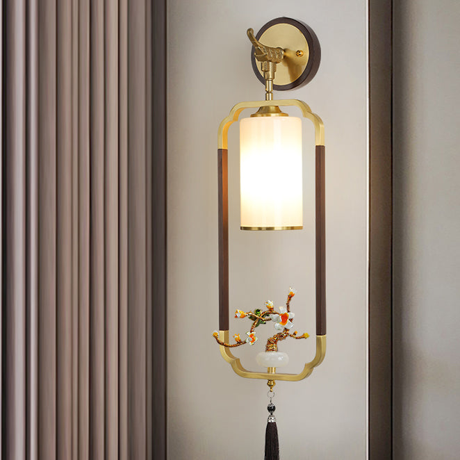 Traditional Chinese Polygonal Copper Frame Cylindrical Glass Lampshade Walnut 1 - Light Wall Sconce Lamp For Living Room