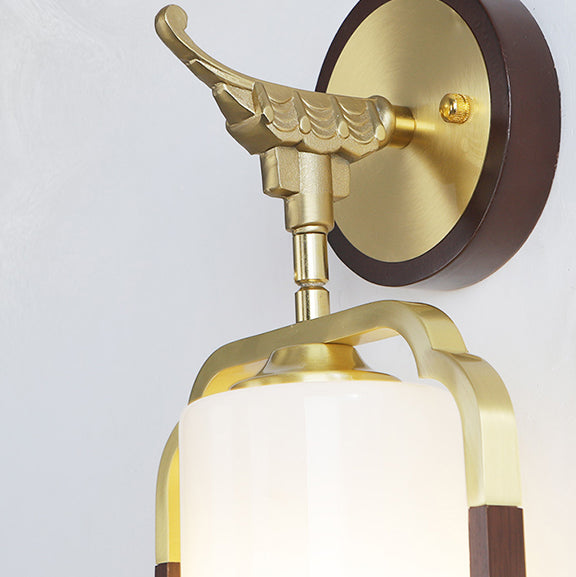 Traditional Chinese Polygonal Copper Frame Cylindrical Glass Lampshade Walnut 1 - Light Wall Sconce Lamp For Living Room