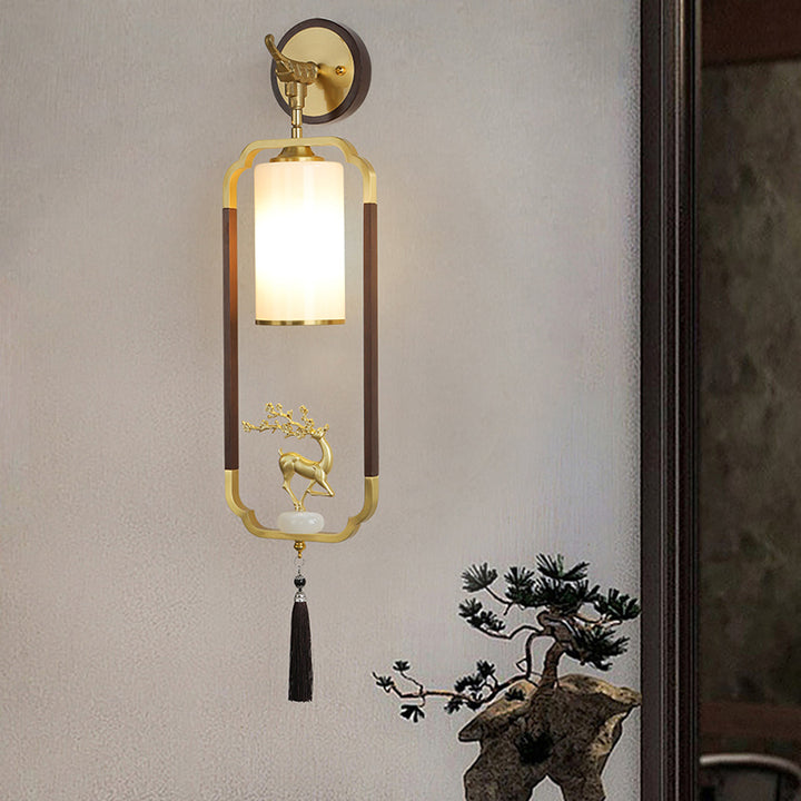 Traditional Chinese Polygonal Copper Frame Cylindrical Glass Lampshade Walnut 1 - Light Wall Sconce Lamp For Living Room