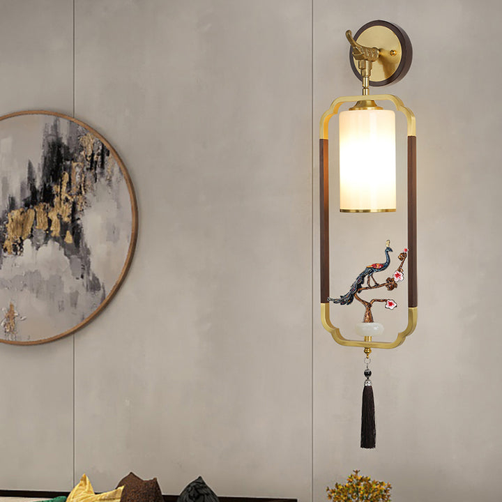Traditionelle chinesische polygonale Kupferrahmen-Zylinderglas-Lampenschirm Walnuss 1 - Licht Wandleuchte für Wohnzimmer 