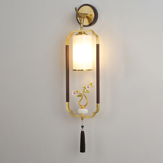 Traditional Chinese Polygonal Copper Frame Cylindrical Glass Lampshade Walnut 1 - Light Wall Sconce Lamp For Living Room