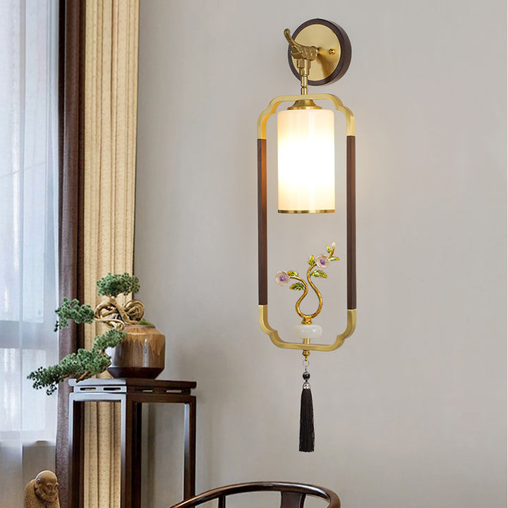 Traditional Chinese Polygonal Copper Frame Cylindrical Glass Lampshade Walnut 1 - Light Wall Sconce Lamp For Living Room