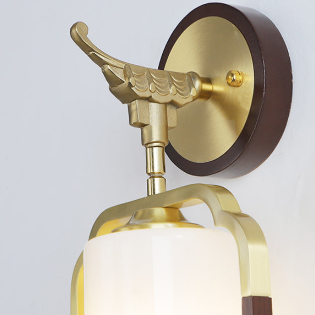 Traditional Chinese Polygonal Copper Frame Cylindrical Glass Lampshade Walnut 1 - Light Wall Sconce Lamp For Living Room