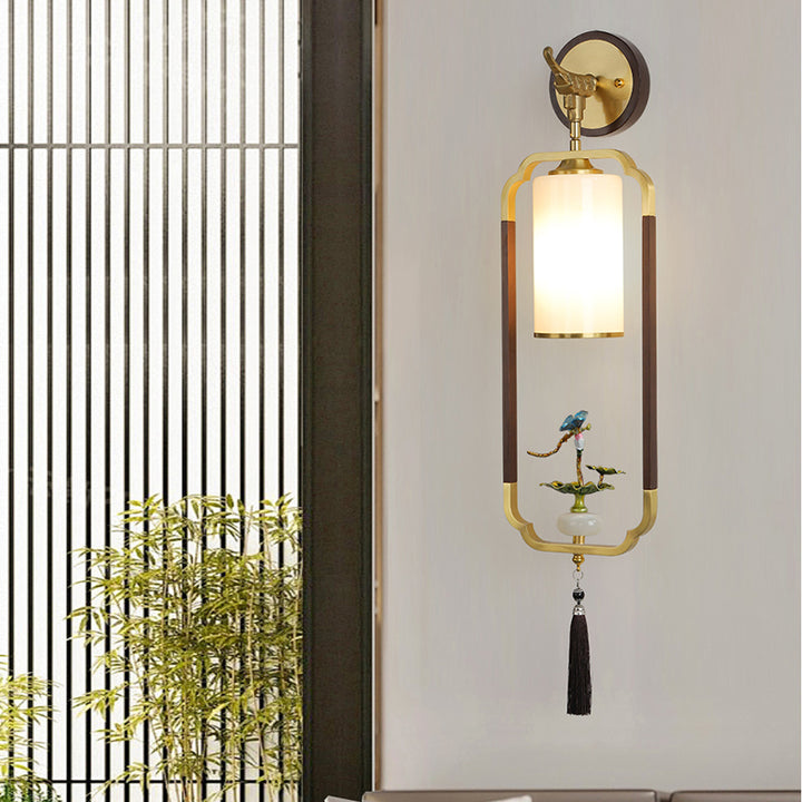 Traditional Chinese Polygonal Copper Frame Cylindrical Glass Lampshade Walnut 1 - Light Wall Sconce Lamp For Living Room