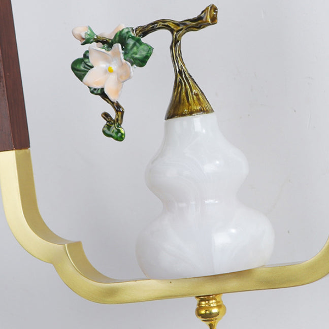 Traditional Chinese Polygonal Copper Frame Cylindrical Glass Lampshade Walnut 1 - Light Wall Sconce Lamp For Living Room