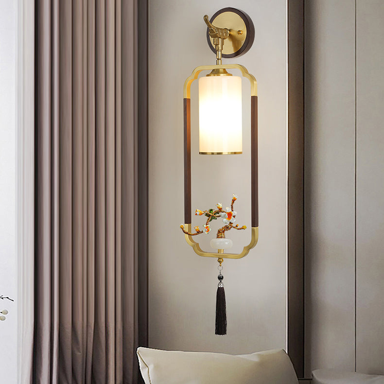 Traditional Chinese Polygonal Copper Frame Cylindrical Glass Lampshade Walnut 1 - Light Wall Sconce Lamp For Living Room