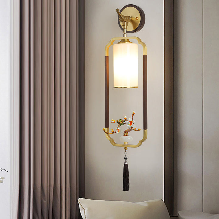 Traditional Chinese Polygonal Copper Frame Cylindrical Glass Lampshade Walnut 1 - Light Wall Sconce Lamp For Living Room