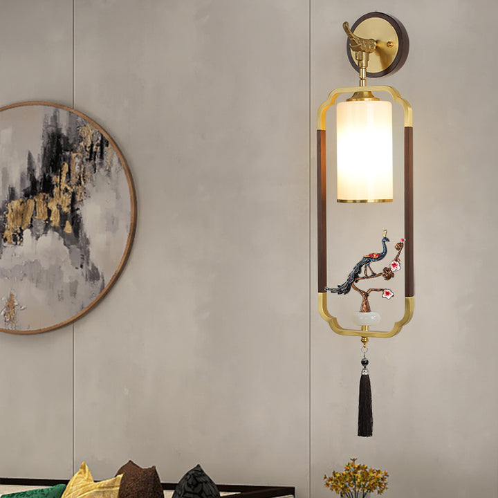 Traditional Chinese Polygonal Copper Frame Cylindrical Glass Lampshade Walnut 1 - Light Wall Sconce Lamp For Living Room
