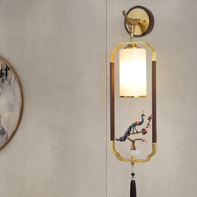 Traditional Chinese Polygonal Copper Frame Cylindrical Glass Lampshade Walnut 1 - Light Wall Sconce Lamp For Living Room