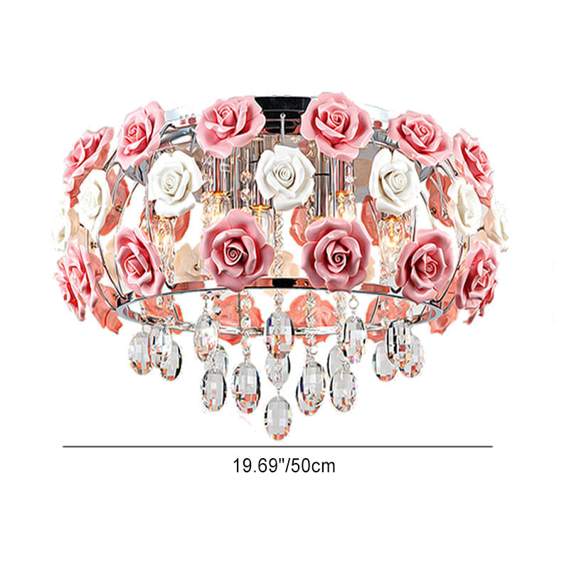 Moderne Minimaliste Rose Ronde Cristal Branche Cristal Fer 5/6 Lumière Plafonnier Pour Chambre 