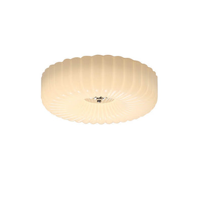 French Minimalist Cream Textured Glass Round LED Flush Mount Ceiling Light