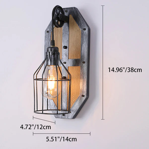 Applique murale à 1 lumière avec base en bois vintage industrielle 