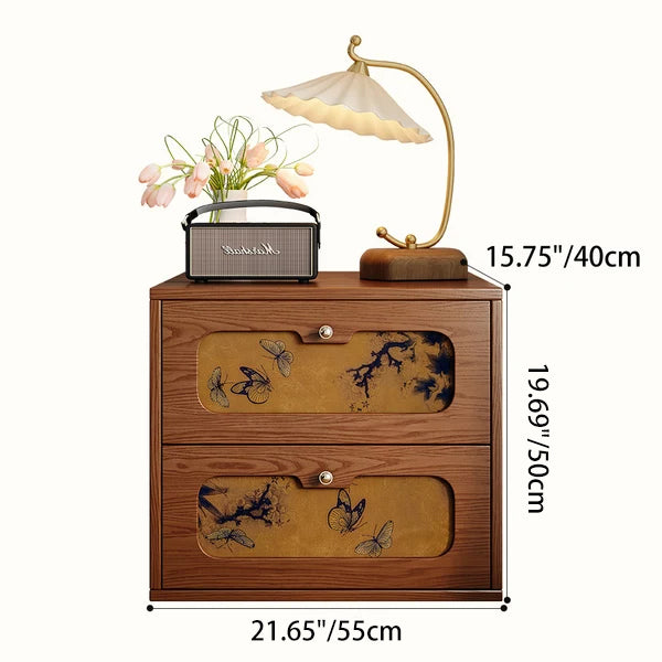 Table de chevet rectangulaire en bois massif chinois traditionnel et soie avec papillon, avec 2 tiroirs pour chambre ou salon 
