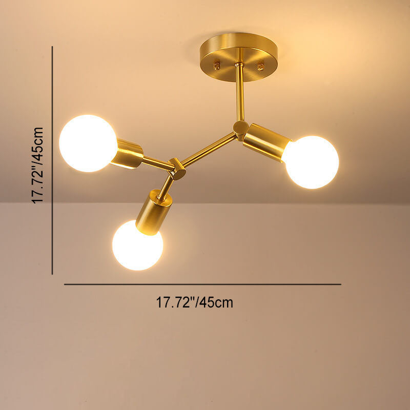 Contemporary Industrial Exposed Bulb Copper Branch 3/4 Light Semi-Flush Mount Ceiling Light For Living Room