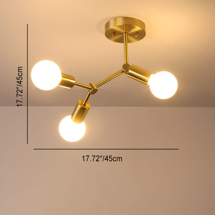 Contemporary Industrial Exposed Bulb Copper Branch 3/4 Light Semi-Flush Mount Ceiling Light For Living Room