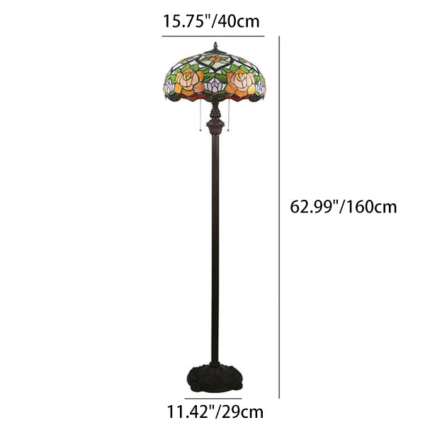 Lampadaire Tiffany Vintage Rose Leaf Dome en verre teinté à deux lumières 