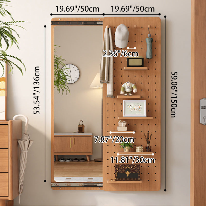 Modern Minimalist Solid Wood Metal Glass Rounded Rectangle Wall Mirror With Sliding Pegboard Storage &amp; Hooks For Entryway