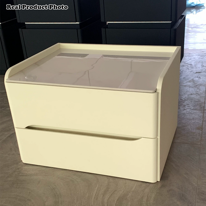 Table de chevet cylindrique carré arrondi en bois massif, cuir anti-rayures pour chat, acier inoxydable et pierre frittée scandinave contemporaine avec 2 tiroirs pour chambre 